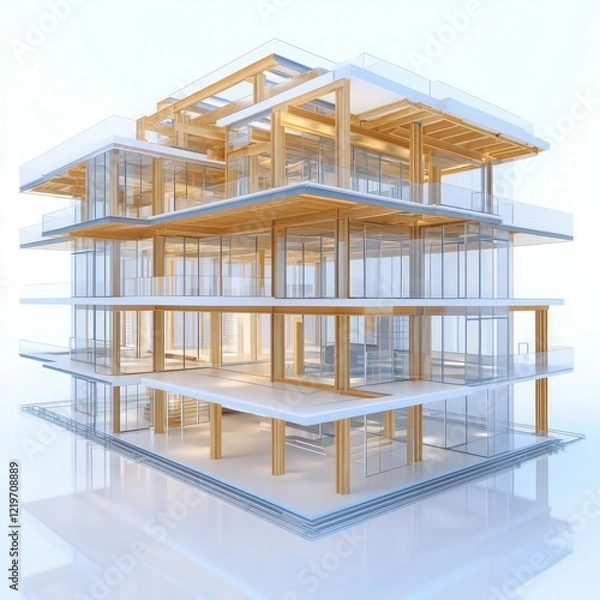 Fototapeta modern architectural building with an open-concept design, featuring large windows, clean lines, and sustainable construction elements