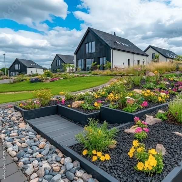 Fototapeta modern luxury villa with minimalist white architecture, landscaped garden, elegant entrance, and a bright blue sky creating a sophisticated ambiance