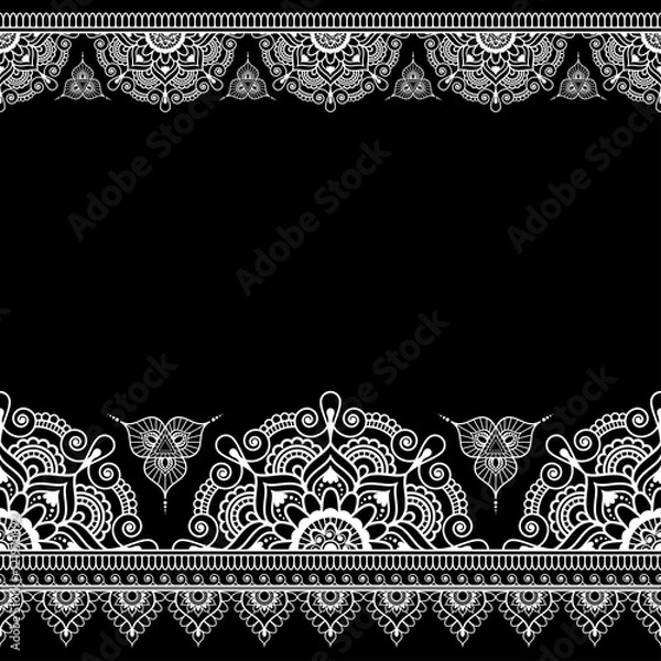 Fototapeta Border pattern elements with lace lines in Indian mehndi style for floral cards or tattoo isolated on black background.