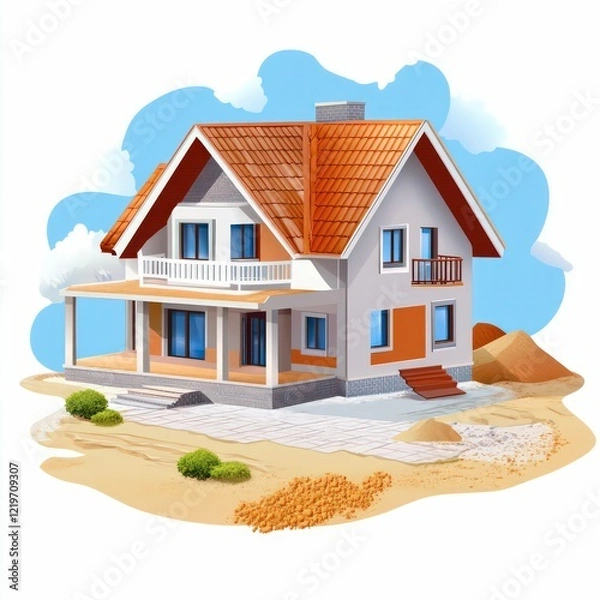 Fototapeta modern wooden house under construction with a yellow facade, gray roof, balconies, and construction materials, showcasing residential building and development