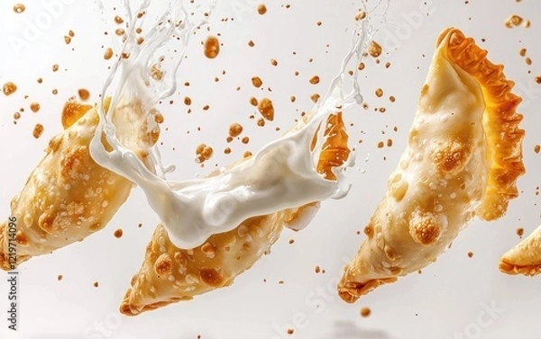 Fototapeta Cheese-filled varenyky flying with sour cream splashes, gracefully captured on white.