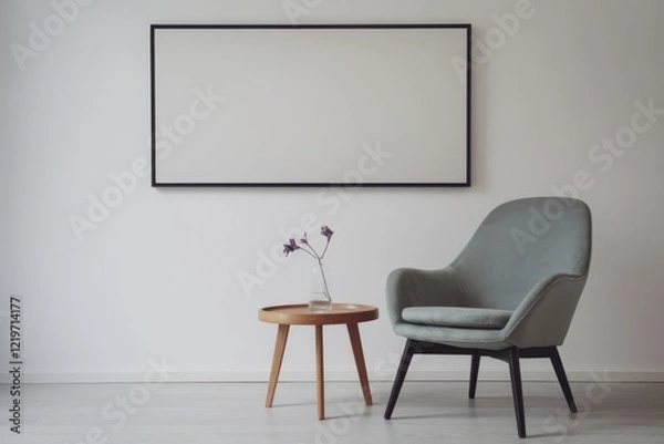 Fototapeta A simple living room with a chair  table  and vase of flowers