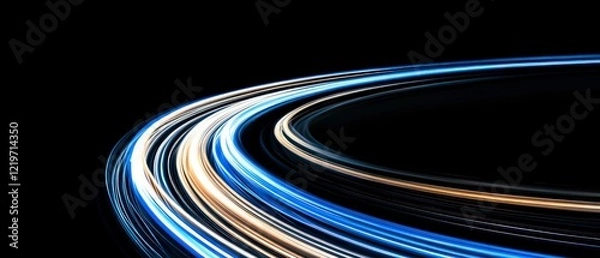 Fototapeta abstract futuristic background with glowing blue and white light trails curving dynamically against a dark space creating a motion blur effect