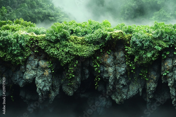 Obraz Lush Greenery Overhanging Dark Rocky Cliff Face