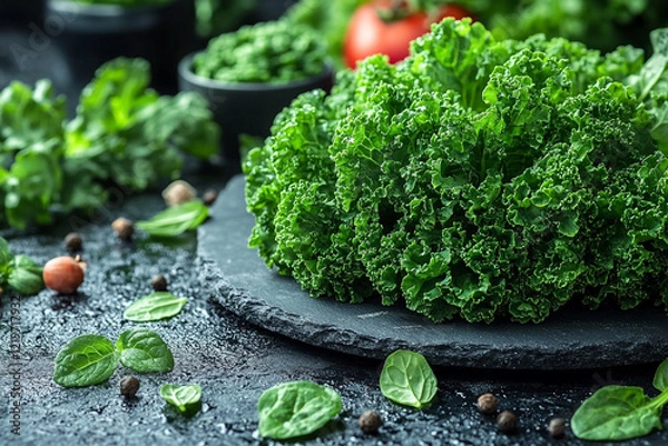 Obraz Fresh Kale and Greens Arranged on Dark Surface