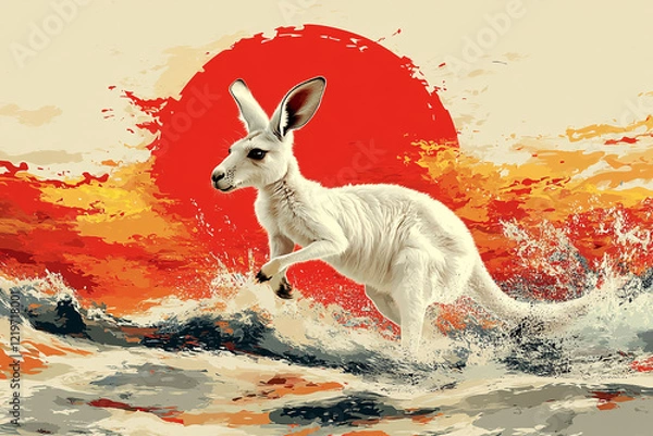 Obraz White Kangaroo Leaping Through Sunset Waves