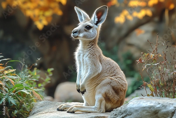 Obraz A young kangaroo sits on rocks amidst autumn leaves