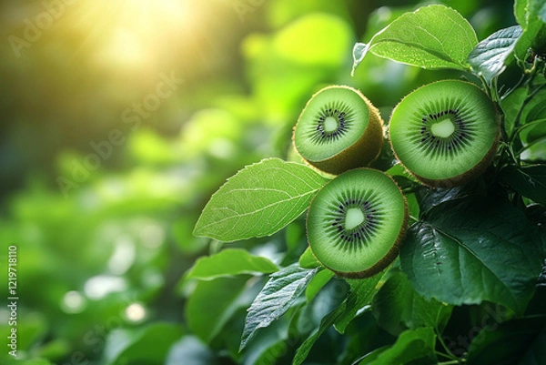 Obraz Three Kiwi Fruit Slices on a Lush Green Vine