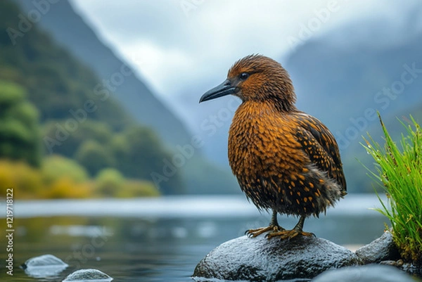 Obraz Brown bird perched on rock near tranquil water