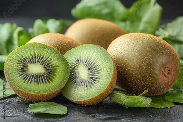 Obraz Ripe Kiwi Fruit Halved and Whole With Green Leaves