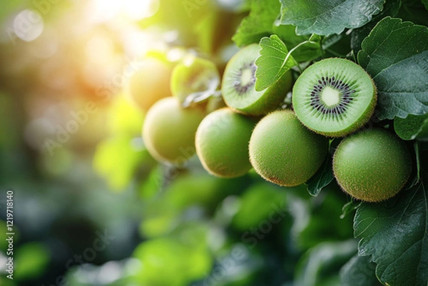 Obraz Ripe Kiwifruit Growing On The Vine In Sunlight