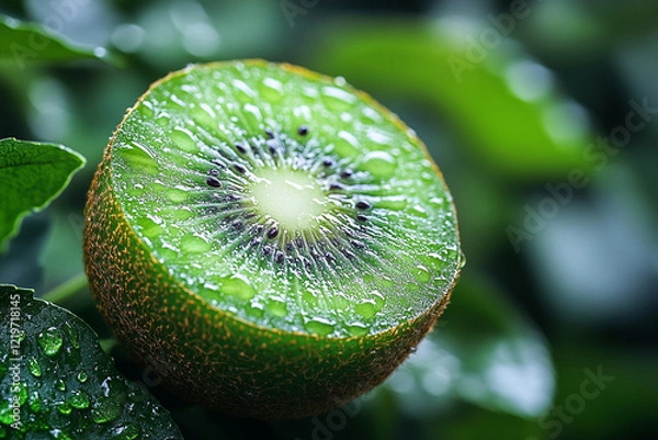 Obraz A Dew Covered Kiwi Slice Among Lush Green Leaves
