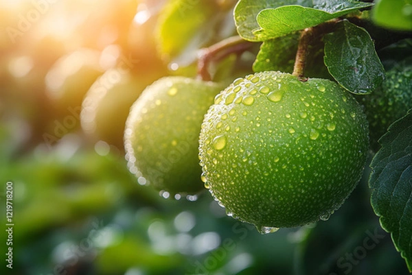 Obraz Dew covered green fruits on a branch