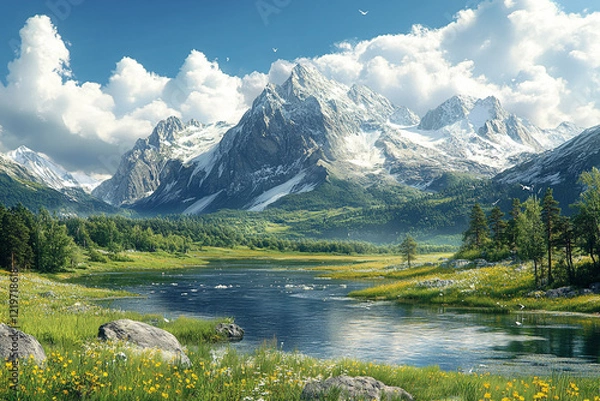 Obraz Majestic snow capped mountains overlook a serene alpine lake