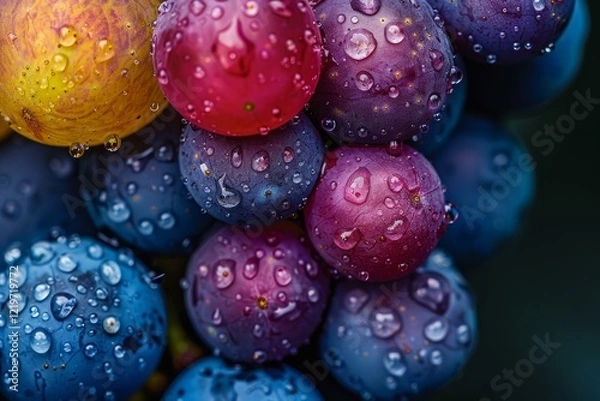 Fototapeta Close up of wet, colorful grapes, highlighting the freshness and variety of the fruit