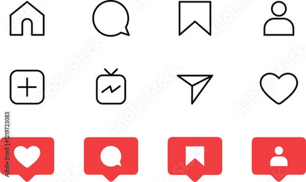 Fototapeta Instagram collection set icons. social media icon like, comment, follower, icons, instagram ui app interface icon set. home, search, reel, shop, profile, share, save.