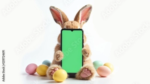 Obraz Easter bunny portrait holding chroma key phone in paws with eggs, phone with green screen. vertical mock up for advertising, Rabbit using showing smartphone, online shopping, care, pet goods
