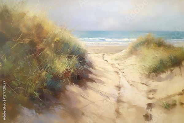 Fototapeta light and airy impressionism landscape painting of a beach with a sandy path and waves with puffy clouds. using muted browns, blues, and white. tonalism