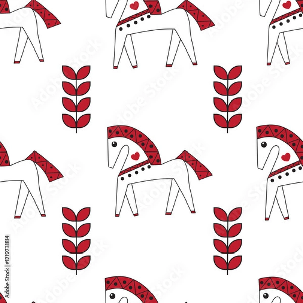 Fototapeta seamless repeat pattern with simple and cute white horses and red leaves on white background perfect for fabric, scrap booking, wallpaper, gift wrap projects