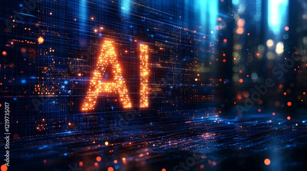 Fototapeta A luminous "AI" text embedded in a vibrant blue digital circuit grid with glowing orange neon