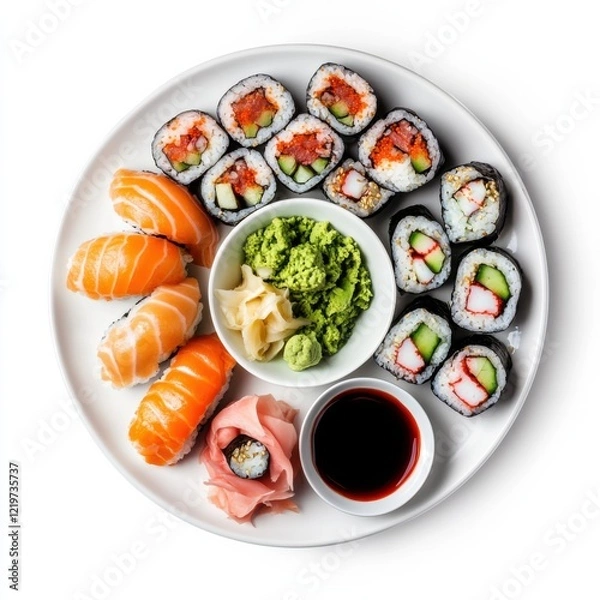 Fototapeta A platter of sushi rolls with soy sauce and wasabi, isolated white background, modern art style