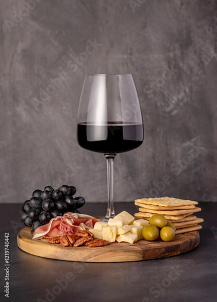 Fototapeta Food photography of red wine, cheese parmesan, prosciutto, olives, pecan, grapes, crackers, appetizer, wine glass, assortment, party meal