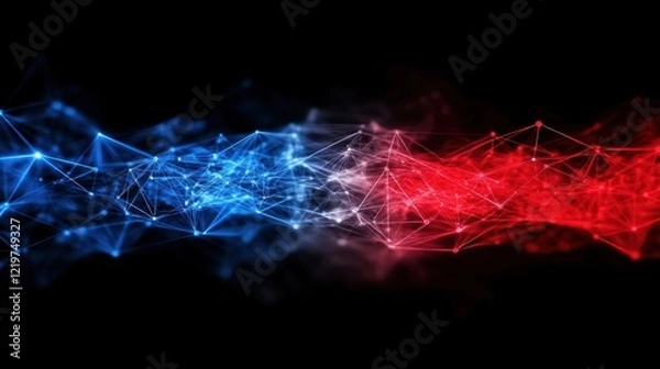 Fototapeta Abstract red and blue network with geometric connections on black background