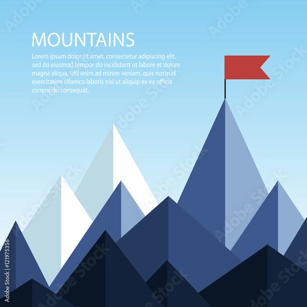 Obraz Polygonal mountains with a flag on the top. Business concept of success.
Vector illustration with space for text. Goal achievement.