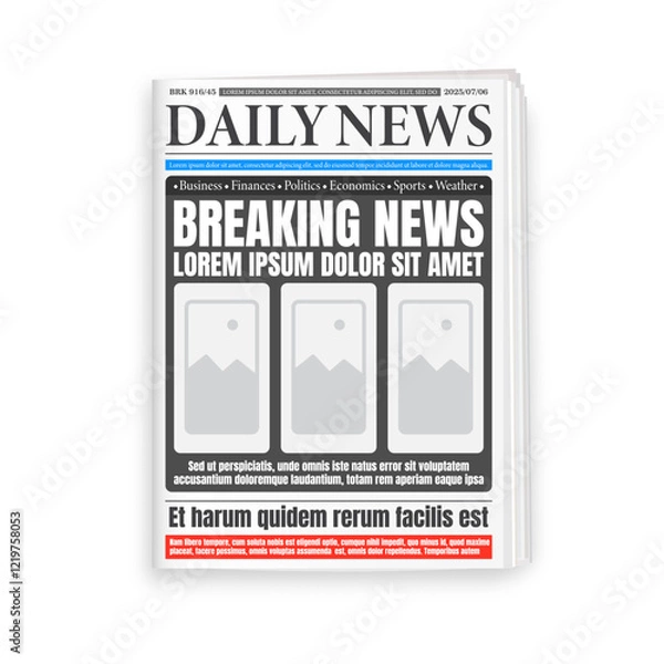 Obraz Newspaper template. Daily newspaper journal design template with editable headlines quotes text articles and color images. Vertical folded newspaper layout. Vector illustration.
