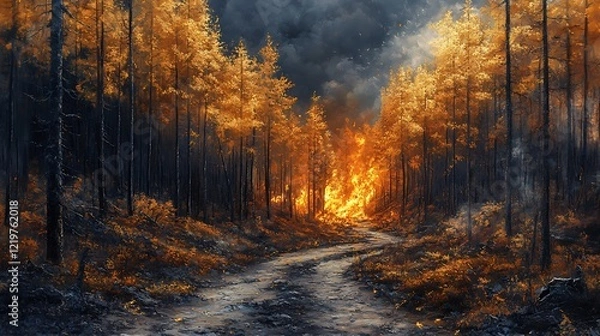Fototapeta Creative depiction of a forest's journey through recovery after a wildfire