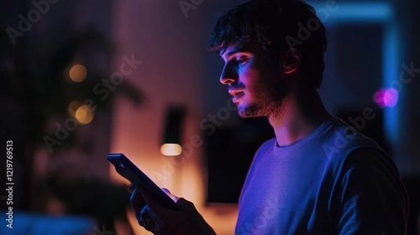 Fototapeta A young man using a mobile phone in a dark room with neon lighting effects