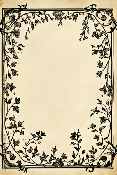 Fototapeta Ornate botanical manuscript border with floral patterns and textured parchment background.