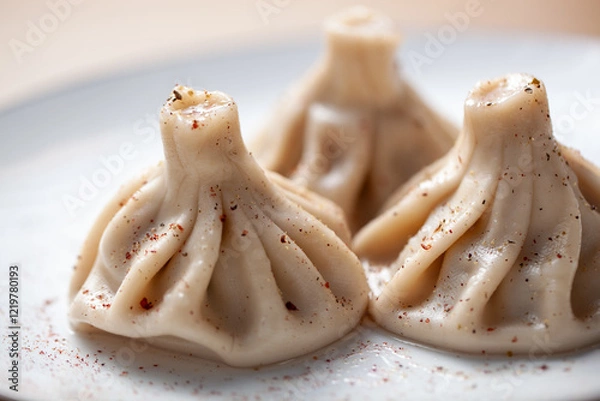 Fototapeta Traditional khinkali dumplings on a plate with pepper seasoning sprinkled on top and soft focus background
