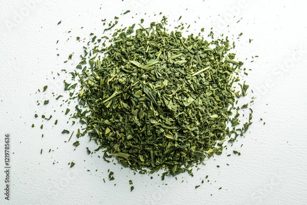 Fototapeta Top view of vibrant dry green tea leaves on a surface