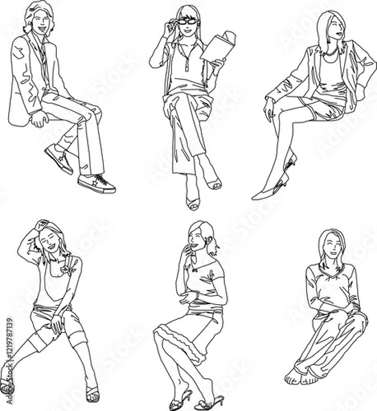 Fototapeta vector illustration of a sketch of a model's silhouette in fashionable fashion taking a photo shoot in a sitting position
