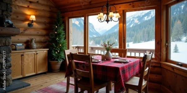 Fototapeta Cozy mountain lodge dining area with a red flannel blanket draped over the table, flannel, dining