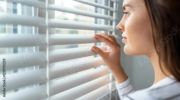 Fototapeta A woman gazes thoughtfully through blinds in a room. Curiosity girl looks outside the window