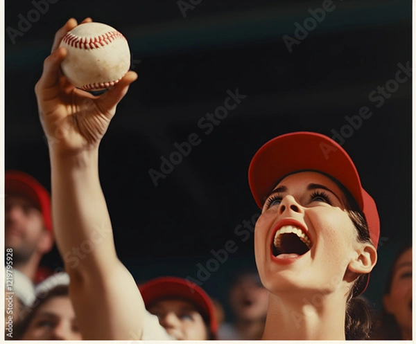 Fototapeta A group of fans catching a foul ball in the stands, their excitement captured mid-cheer.


