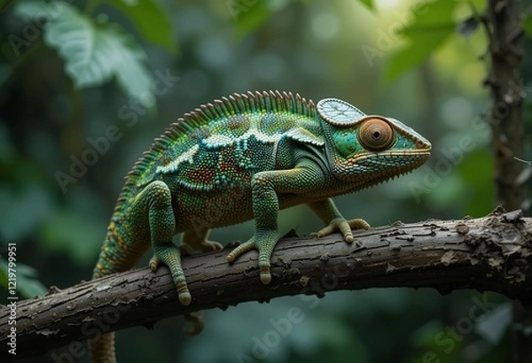 Fototapeta A vividly colored chameleon is perched on a dark brown branch, surrounded by a blurred background of lush green foliage.