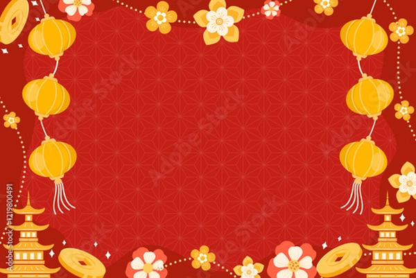 Obraz Happy Chinese New Year, Greeting Card Vector on Vibrant Fun Colorful Background. Lunar New Year Calendar with  Yellow Lantern, Gold Coin, Flower and  Asian Temple Ornament