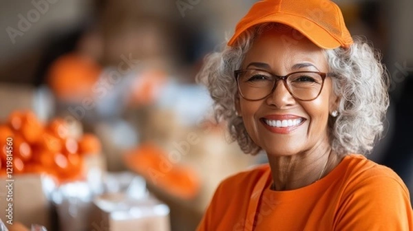 Fototapeta Smiling African American female volunteer at community center during event
