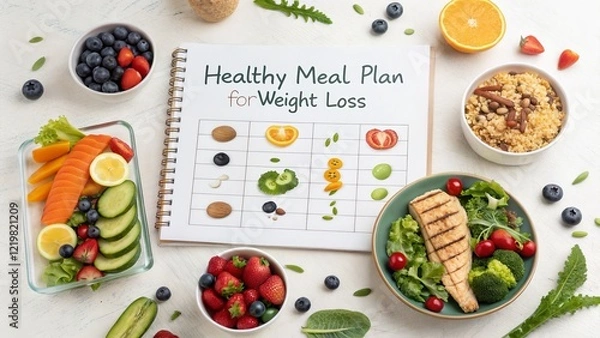 Obraz Healthy Meal Plan for Weight Loss Flatlay Composition with Fruits, Vegetables and Chart, diet plan, healthy eating diet, weightloss