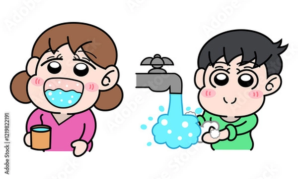 Obraz 手洗い・うがいをする子供達のイラスト