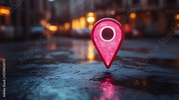 Obraz Glowing Pink Location Pin: Night Cityscape Mood