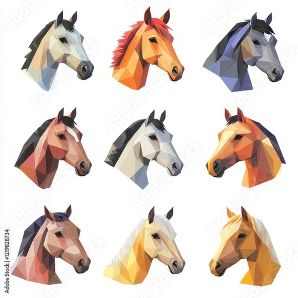 Obraz Geometric Horse Heads: Nine horse heads rendered in vibrant geometric patterns, each showcasing a distinct color palette.