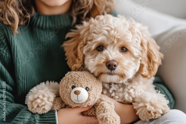 Fototapeta A dog tilting its head to one side while staring at its owner who is holding a squeaky toy, mirroring a confused expression