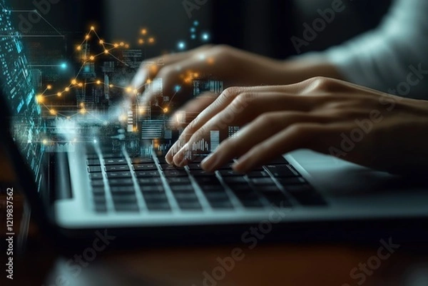 Fototapeta Business person analyzes big data on laptop. Person types on keyboard. Data visualization on screen. Tech analysis. Data-driven decisions. Business analytics. Predictive models. Real-time analysis.
