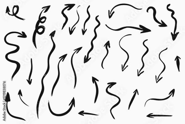 Fototapeta Grunge hand drawn vector arrows, freehand brush paint, isolated on white background.