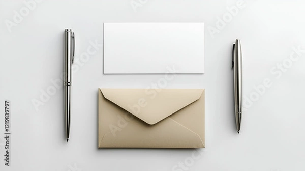 Fototapeta Beige envelope, blank card, and two silver pens arranged on a white background.  Perfect for stationery or business correspondence mockups.