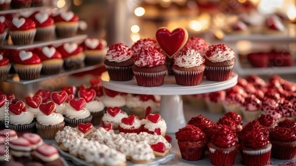 Fototapeta A vibrant array of Valentine's Day cupcakes showcases red and white colors with heart-shaped decorations, perfect for celebrating love at a cozy bakery setting